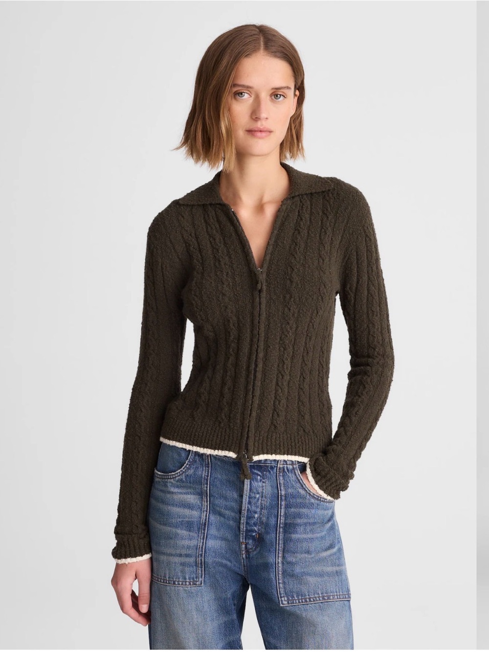 Madewell Olive Cable-Knit Zip Cardigan